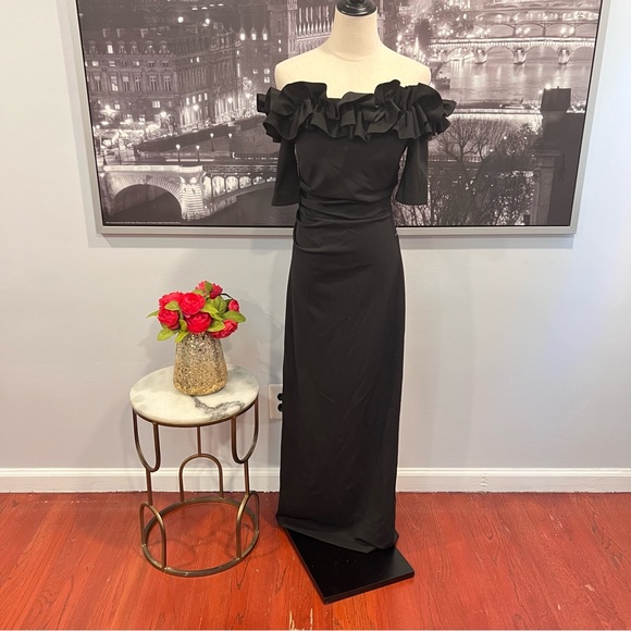Xscape Black Ruffled Off The Shoulder Maxi Evening Gown NWT - Reemoly - Picture 8 of 16